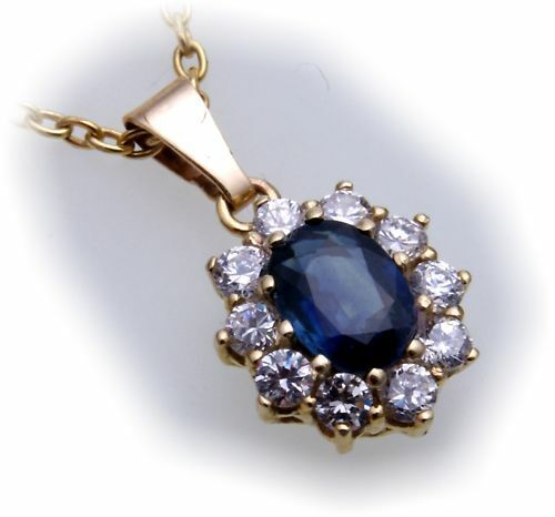 Pendant Gold 585 Real Sapphire 0 9/32×0 3/16in Brilliant 0,40ct 14kt Yellow Gold