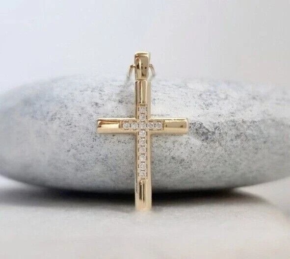 Moissanite Cross Pendant 2CT Round Cut 14K Yellow Gold Plated