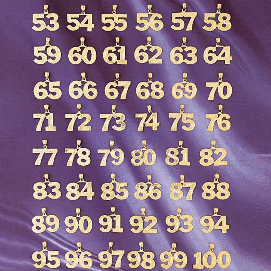 53 to 100 Any One 14K Yellow Gold Number Pendant / Charm, Made in USA