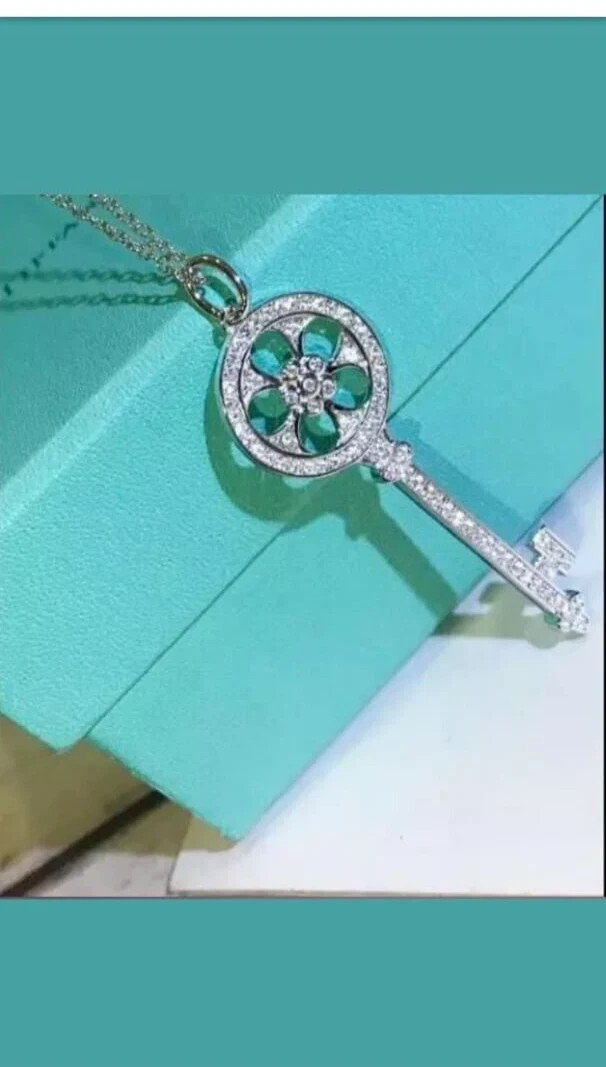 1Ct Lab Created Diamond Round Key Pendant 14K White Gold Plated Free Chain 18”