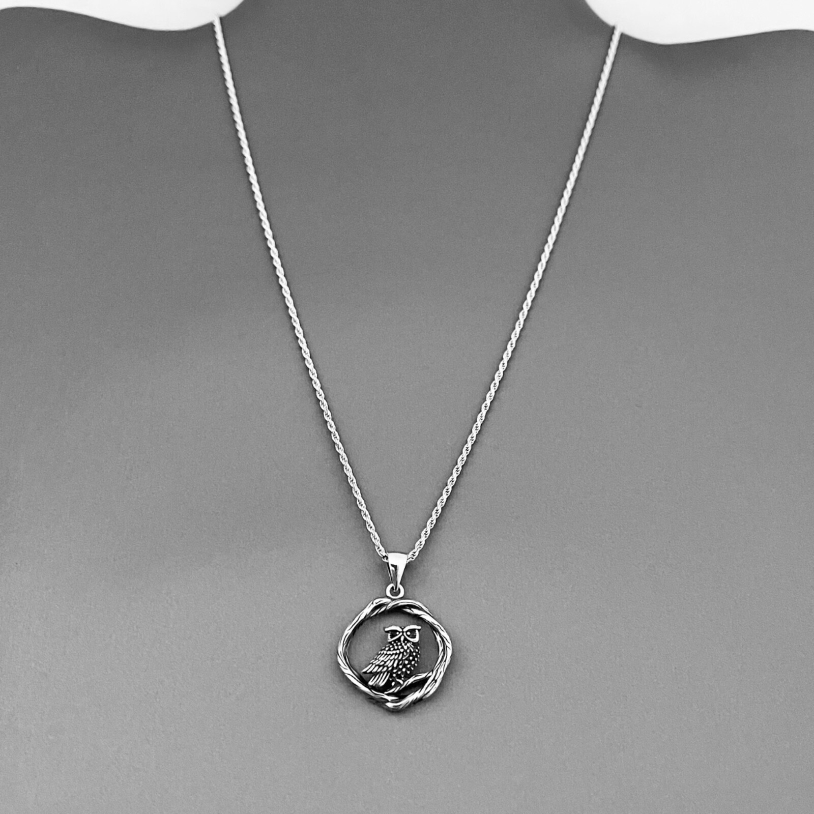 Sterling Silver Owl on Branch Necklace, Bird Chain, Owls, Animals, Spirit Birds
