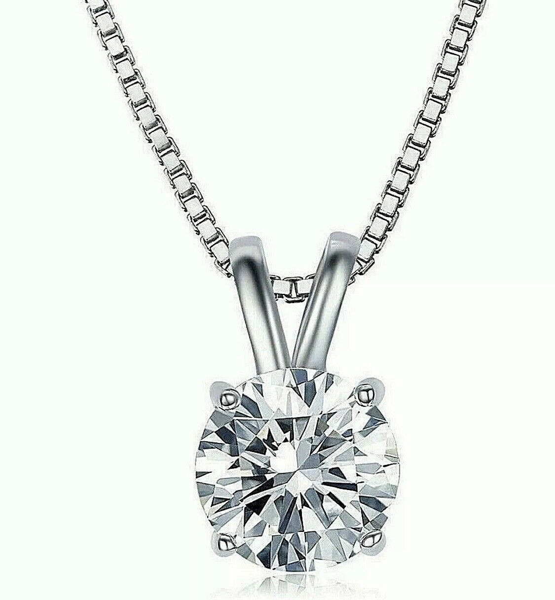 2 Ct Round Cut FL/D Real Moissanite Pendant 18″ Box Necklace 14K White Gold 8mm