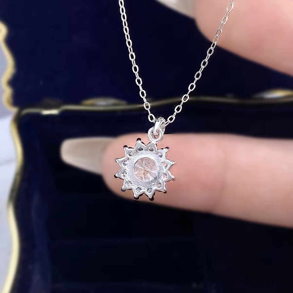 1.50 Ctw D/FL Brilliant Moissanite 14K White Gold Over Sun Flower Necklace 18″