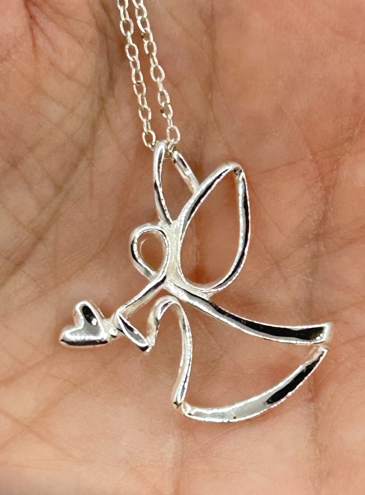 Sterling Silver Angel Heart Pendant Necklace Designer Signed LA 18″