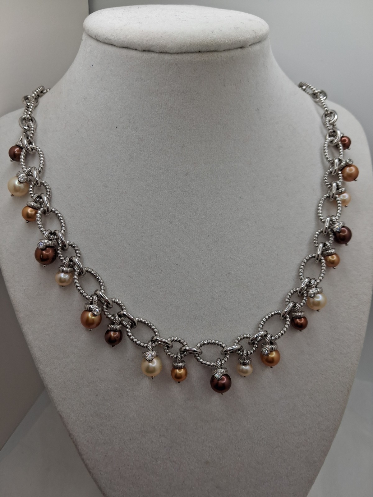 Judith Ripka S925 Multi Gold/Champagn/Choc Cultured Pearl Dangle Necklace-17-19″