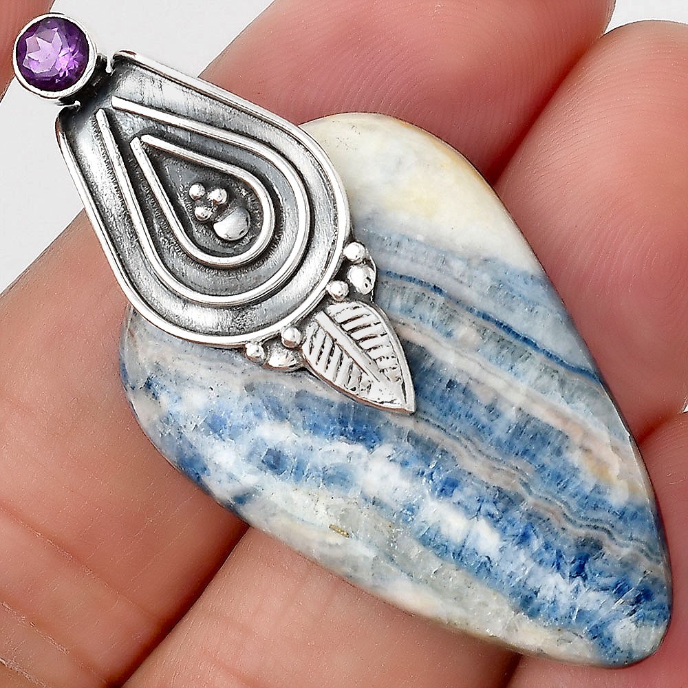 Blue Scheelite – Turkey and Amethyst 925 Sterling Silver Pendant Jewelry P-1584