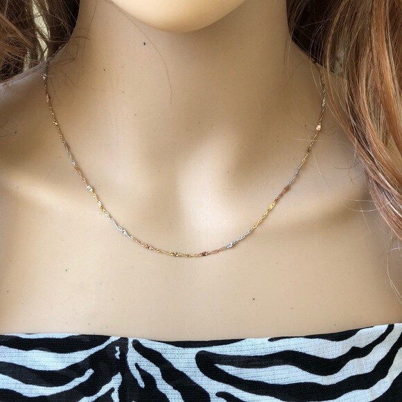14K Gold Necklace Tri-color Dainty Chain 18″ Diamond Cut Width 1 MM -C67