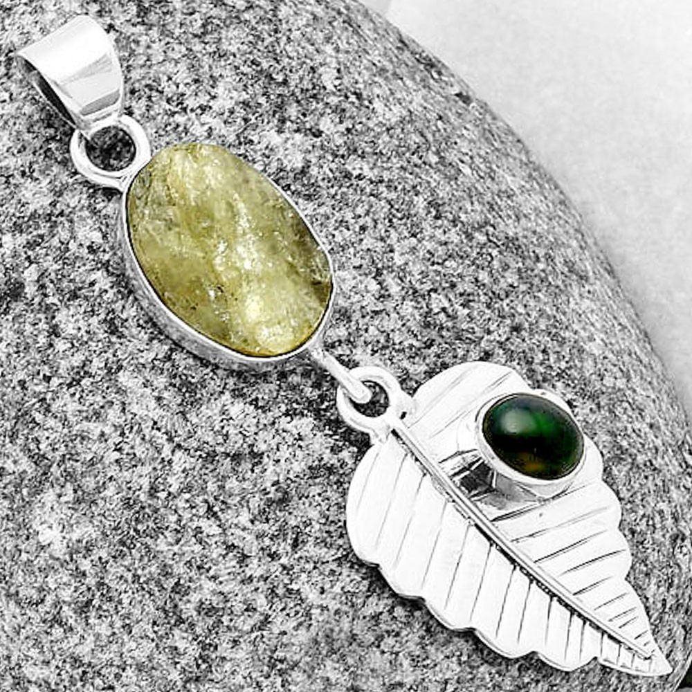 Leaf Green Kyanite Rough & Black Ethiopian Opal 925 Silver Pendant P-1539
