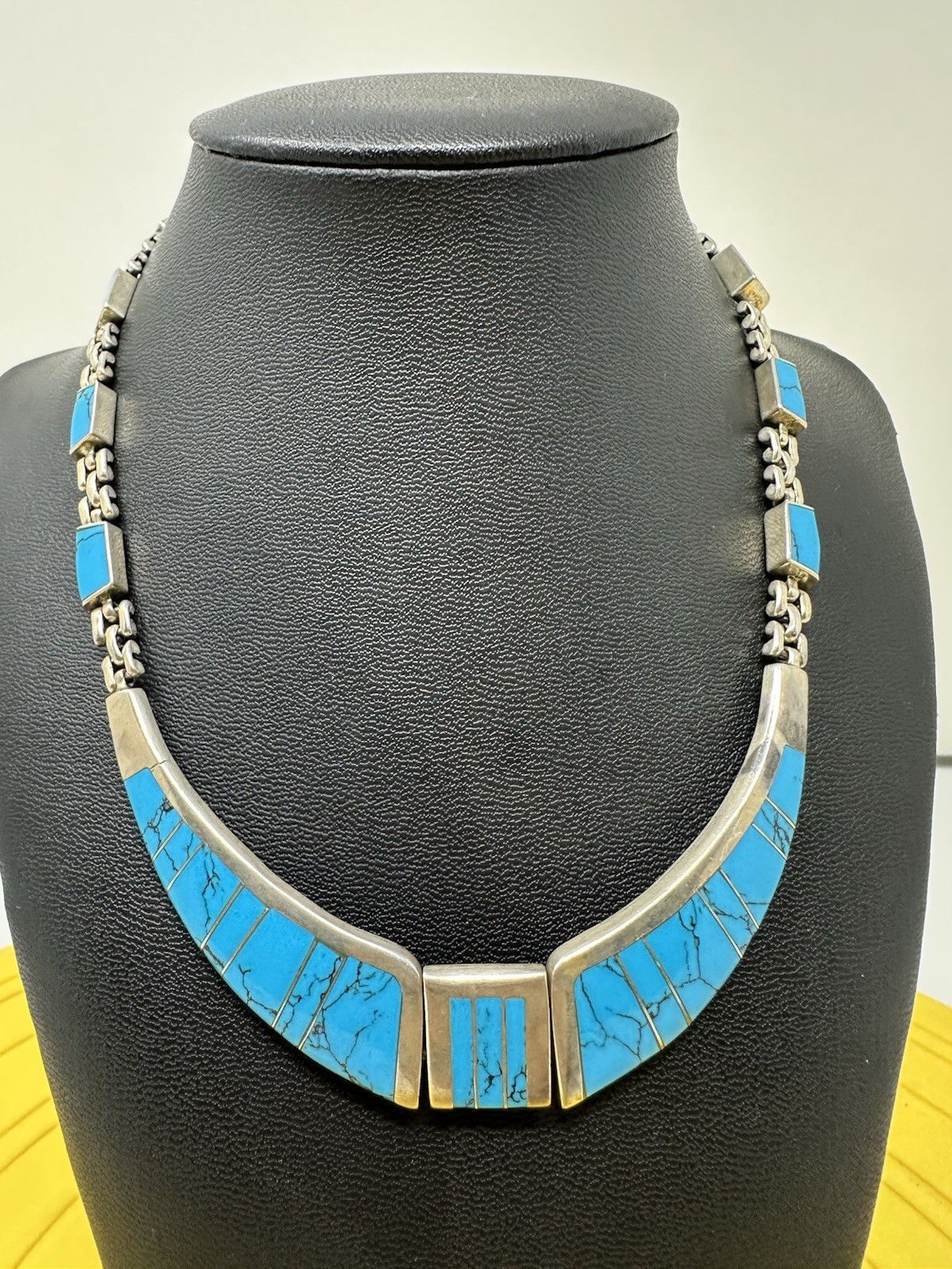 Sterling Silver Turquoise Pendant Choker Necklace 57g 17 In Modern Elegant Chic