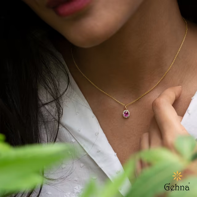 Natural Ruby Diamond Halo Pendant 14K Yellow Gold (without chain)