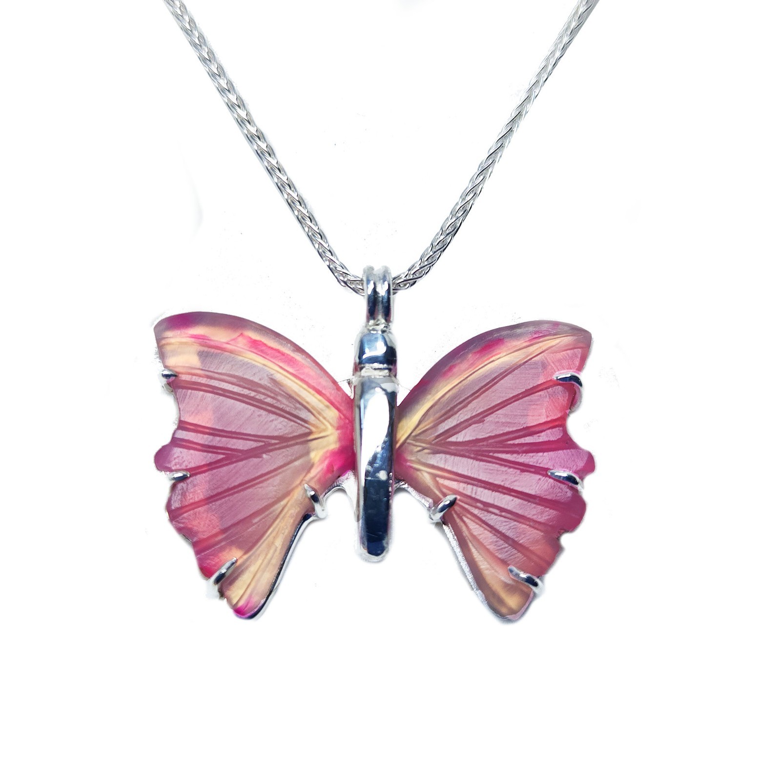 Sterling Silver Butterfly Pink Agate Pendant 18″ Necklace Sweet 16 Jewelry Gift