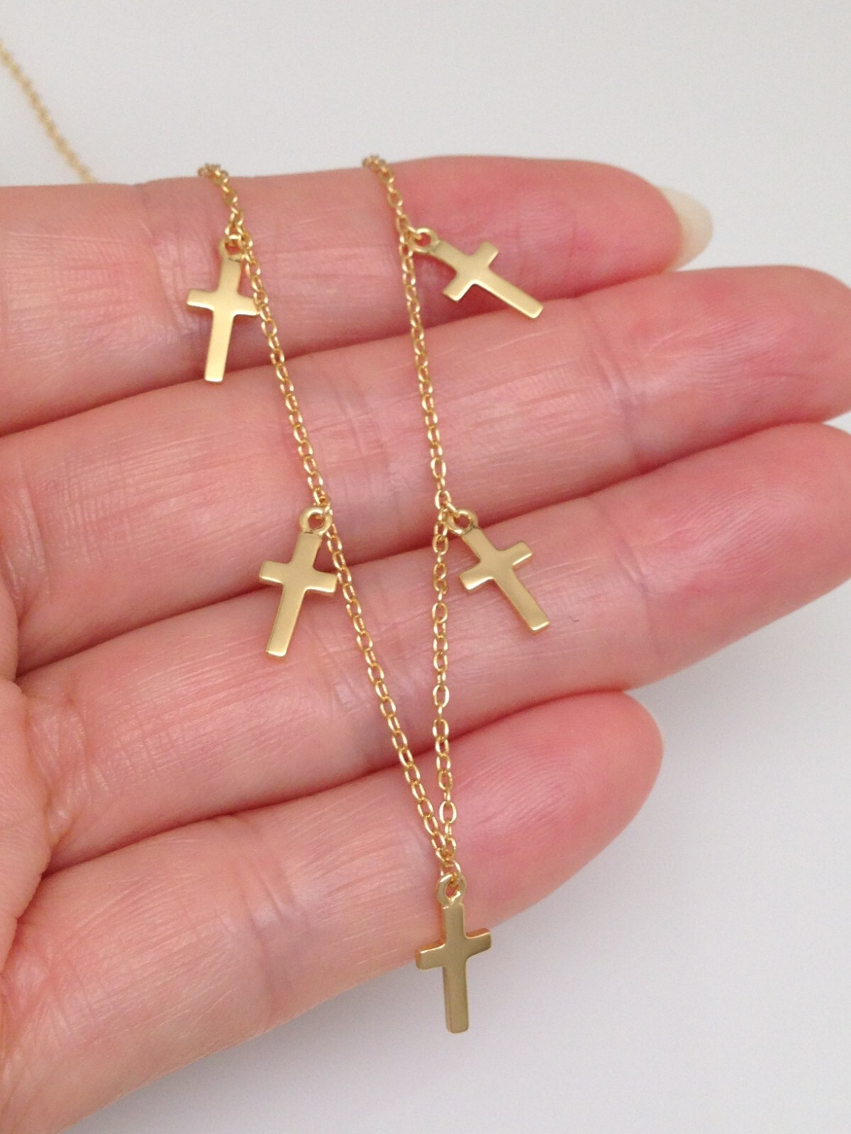 925 Sterling Silver Cross Charm Dangle Choker Necklace Plain Gold 9mm 15.5″ Girl
