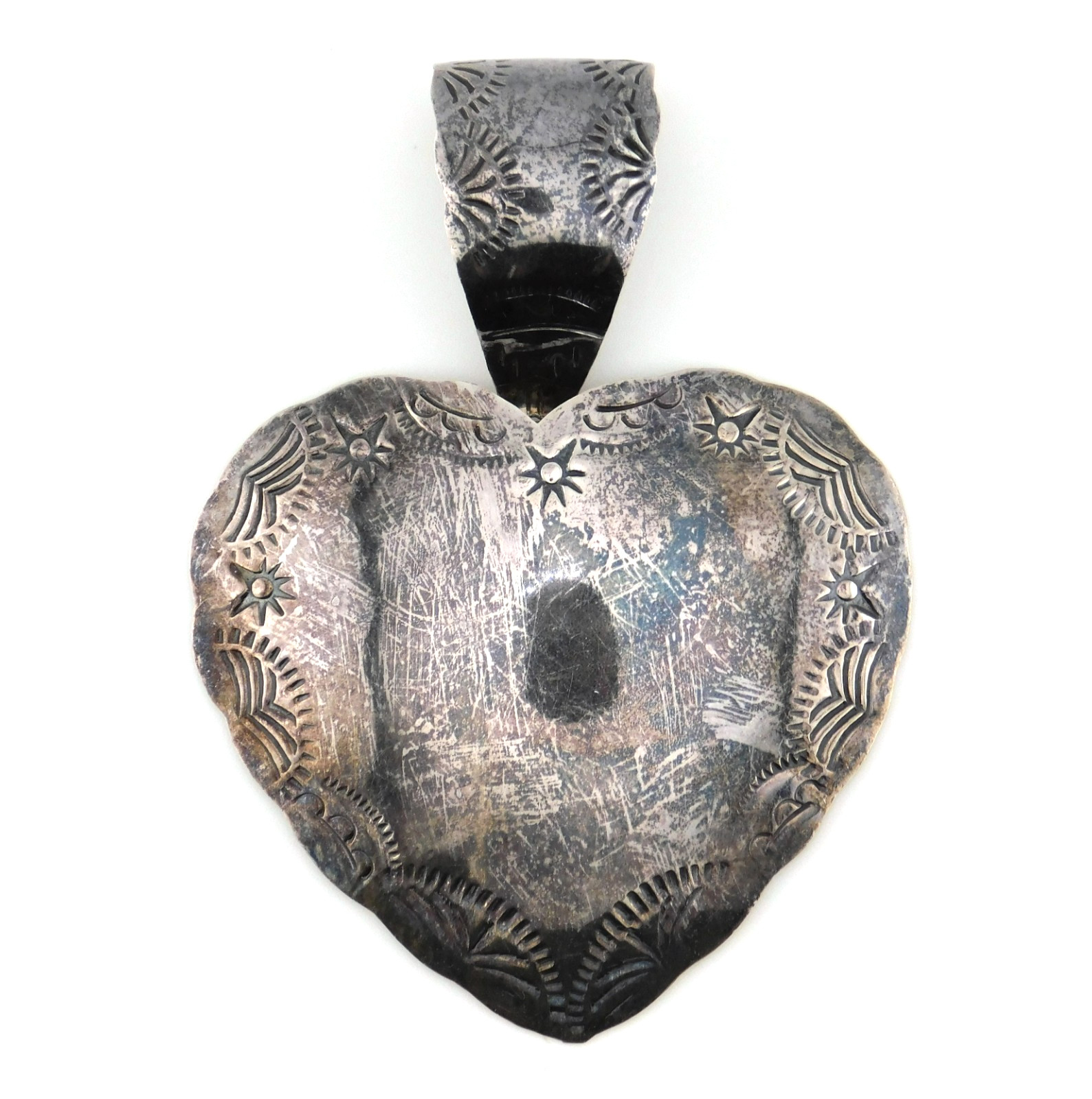 Taxco Mexico 925 Sterling Silver Stamped Pattern LARGE Statement Heart Pendant