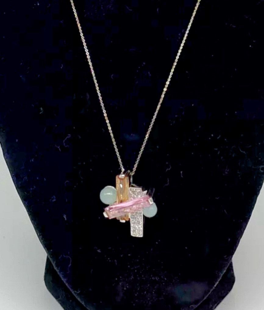 Abstract Sterling Silver Multi-Stone Geometric Gemstone Cluster Pendant Necklace