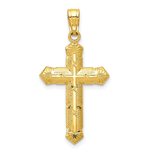 10K Yellow Gold Textured Passion Cross Charm Pendant 1.18 Inch