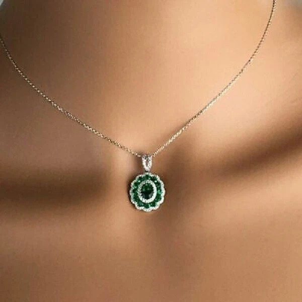 3Ct Oval Lab Created Emerald Halo Charm Pendant 14K White Gold Over Free Chain