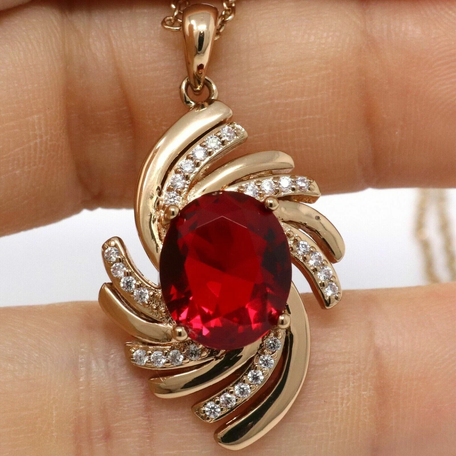 3Ct Oval Cut Red Garnet Women’s Unique Pendant 14K Yellow Gold Finish Free Chain