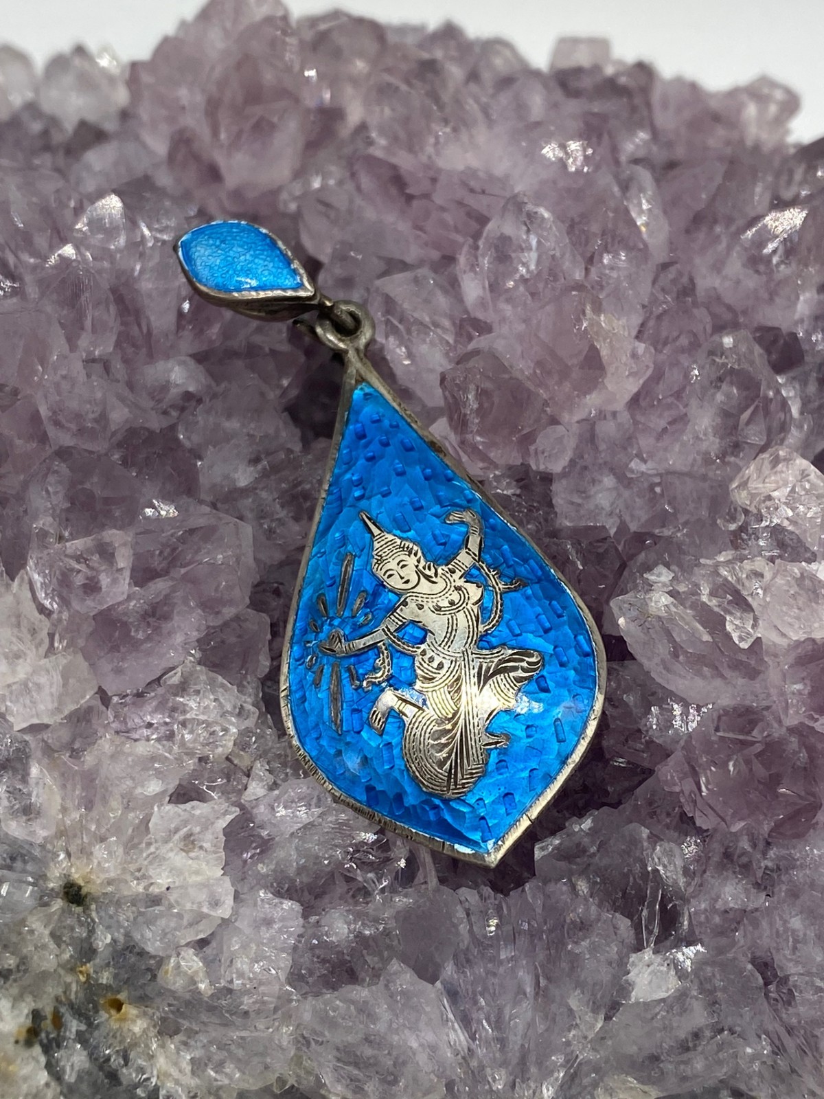 Vintage Siam Sterling Silver Blue Enamel Dancer Pendant