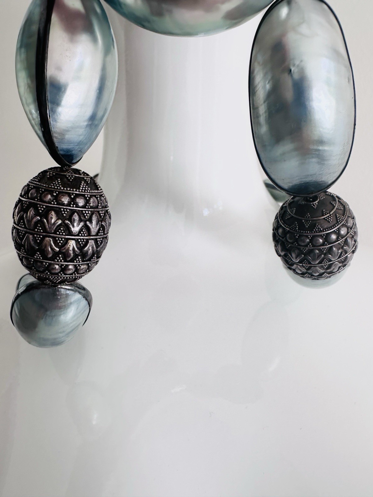 Rare Nautilus Osmena Pearl Antique 925 Silver Necklace 70cm Blue-Gray Iridescent