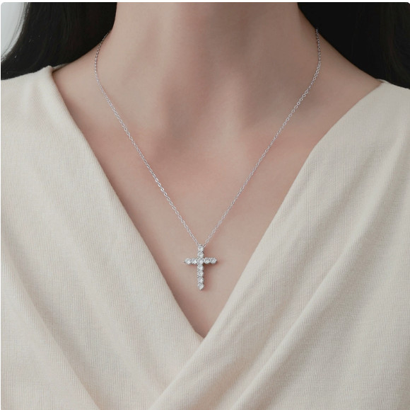 925 Silver Cross Choker Necklace with Natural Diamonds