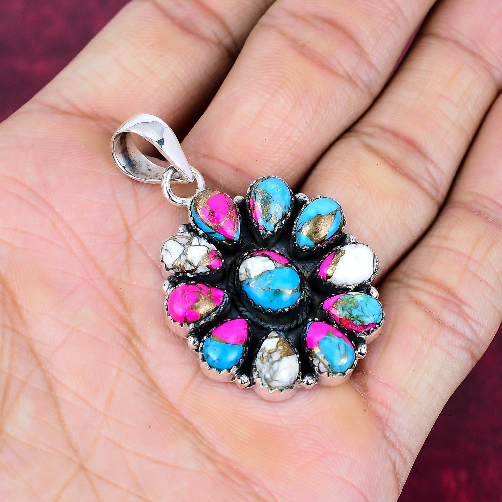 Cotton Candy Turquoise Gemstones Handmade 925 Sterling Silver Pendant Jewelry