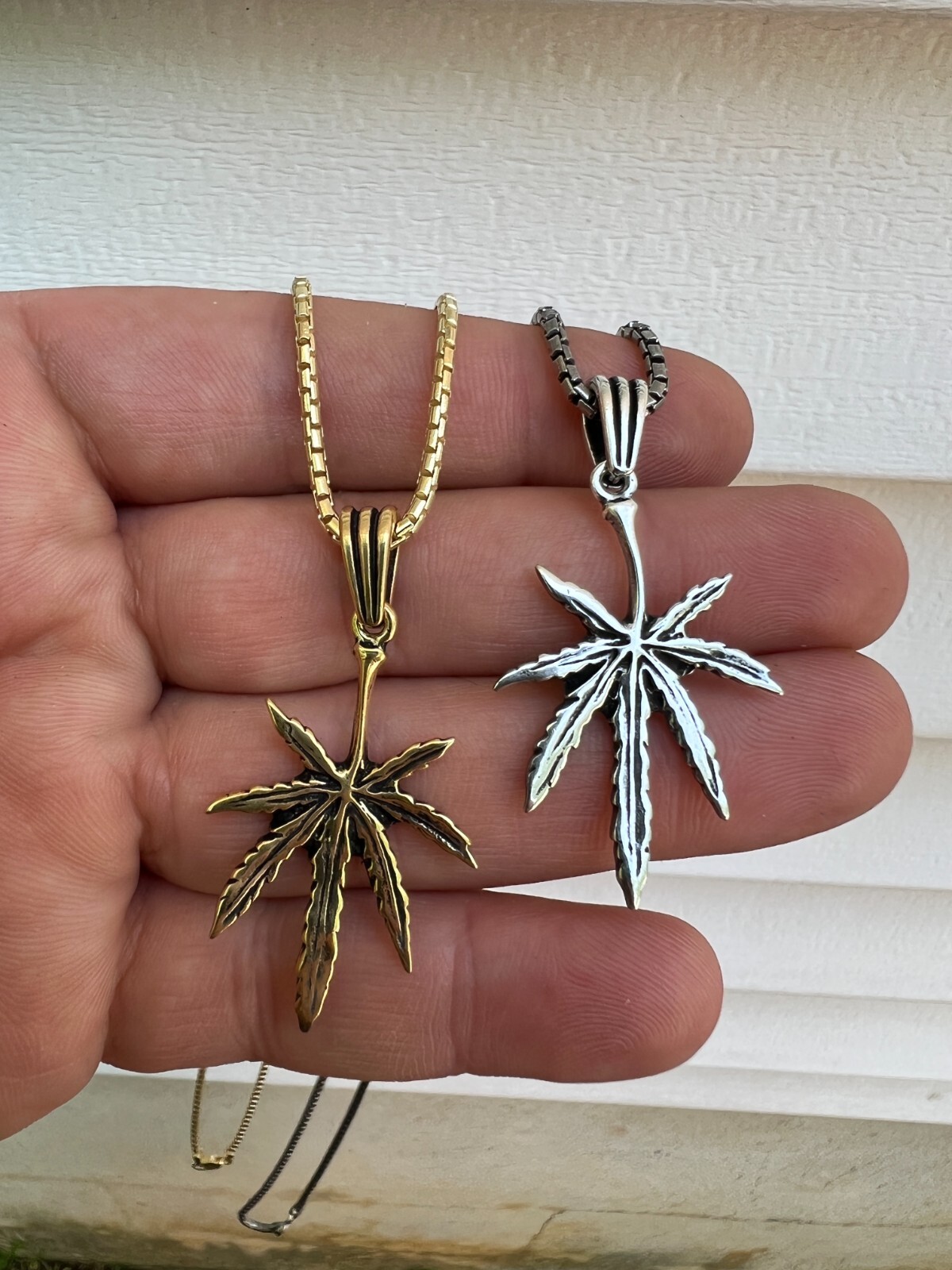 Real 925 Silver / 14k Gold Plated Marijuana Leaf Oxidized Pendant Necklace Charm