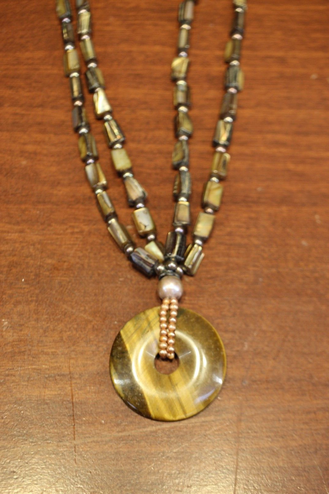 Lucas Lameth SS Abalone/Pearl/Tigers Eye 2 Strand Pendant Necklace 23.5 (124PID)