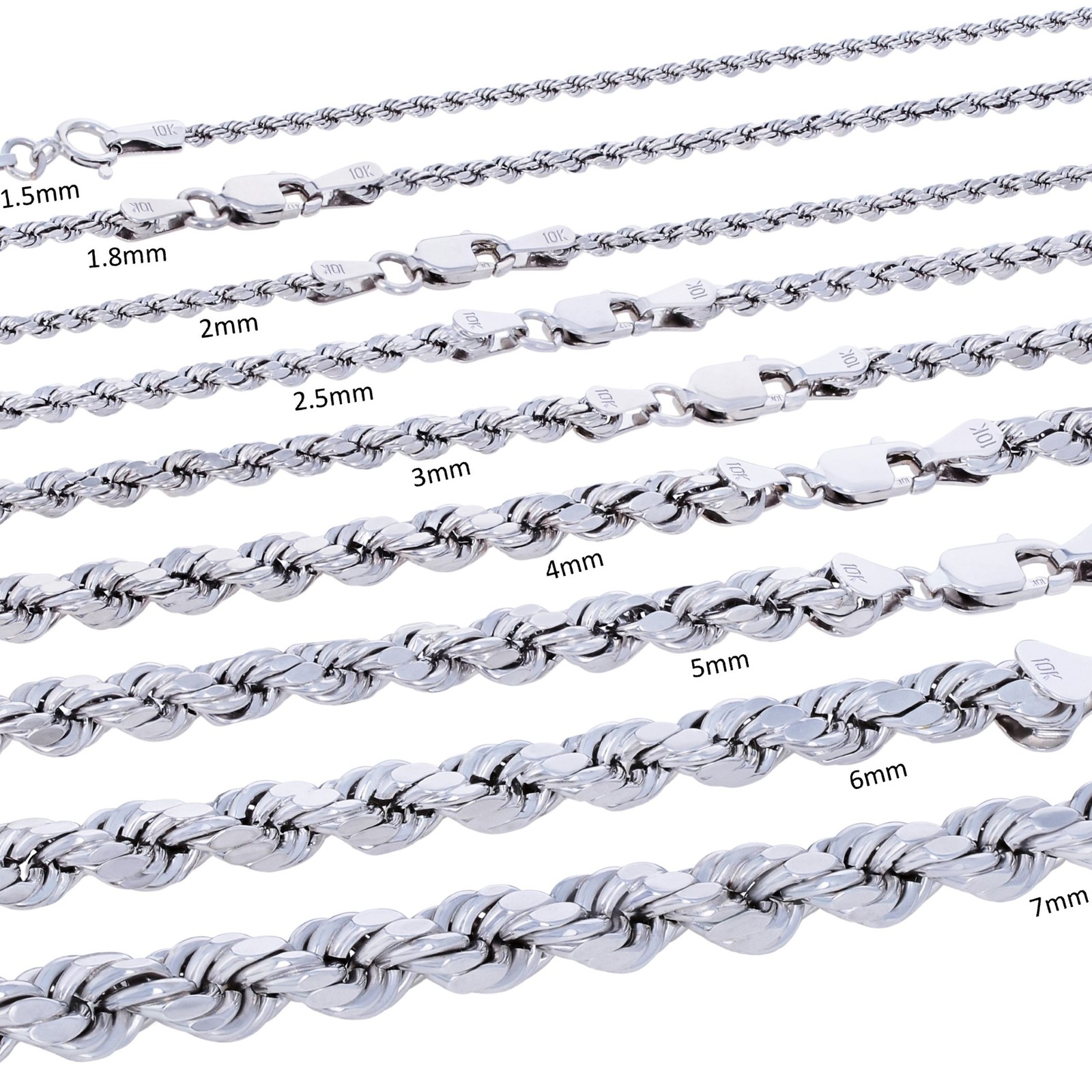 10K White Gold 1.5mm-7mm Diamond Cut Rope Chain Necklace Mens Womens 16″-30″