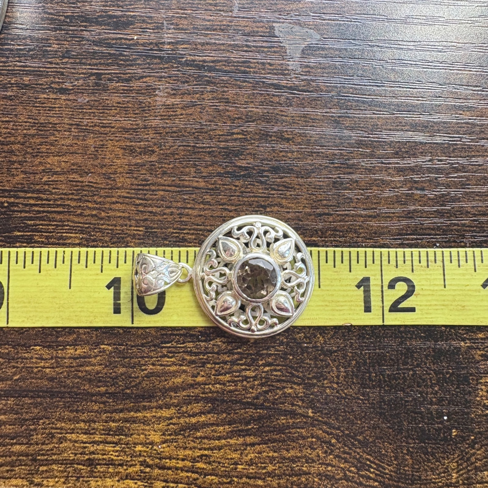 Smoky Quartz Scroll Design Circle Pendant 925 Sterling Silver 1.5″ Length