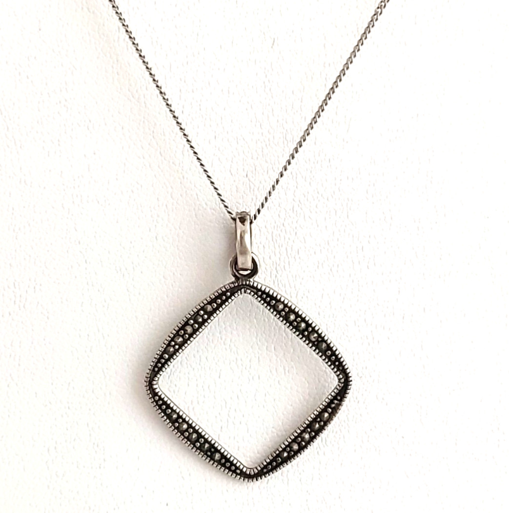 Sterling Silver Marcasite Pendant Necklace Open Square Bohemian Thailand 18”