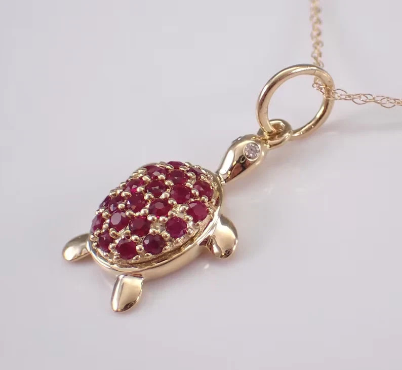 0.80Ct Round Cut Lab-Created Red Ruby Turtle Pendant 14K Yellow Gold Plated