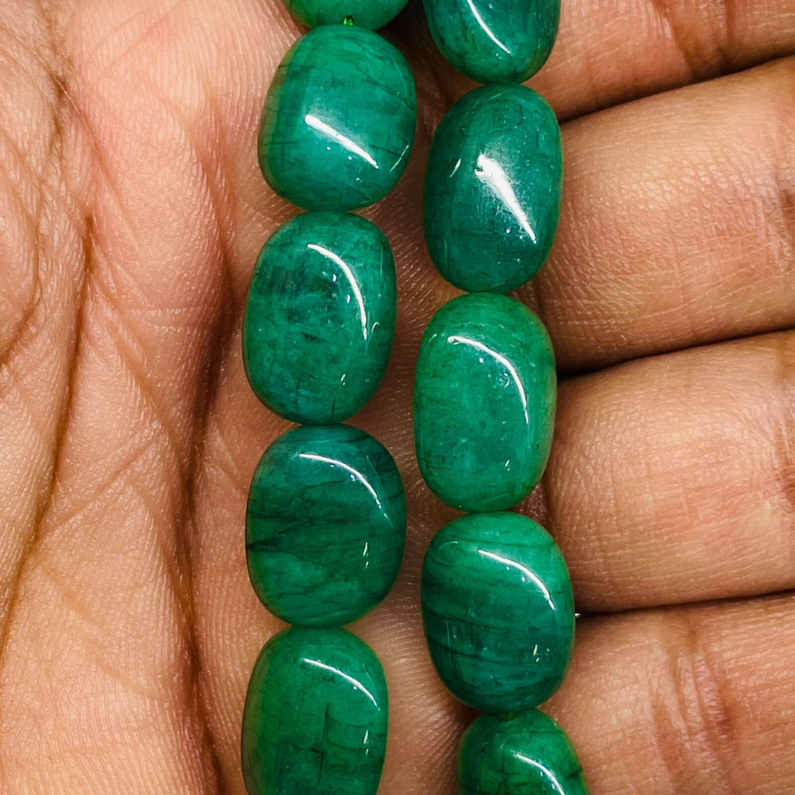 18 Inch Single Strand Natural Emerald 8.5-11.5mm Tumble Beads Necklace 925 Clasp