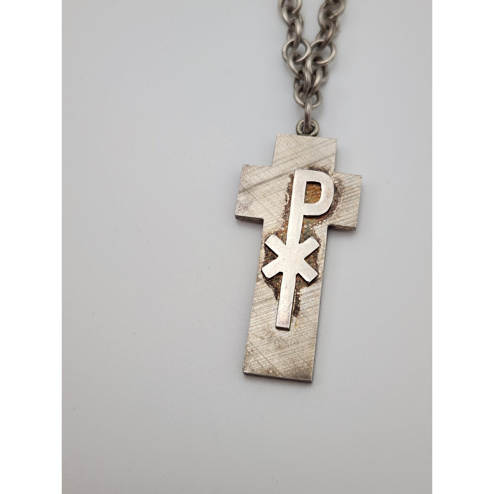 F.J. Chi Rho Cross Necklace Unisex 22in Silver Sterling 925 Textured Pendant