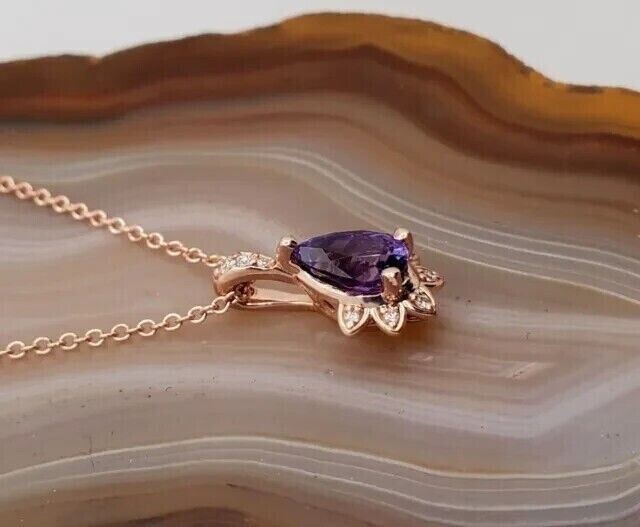 2.10Ct Pear Cut Simulated Amethyst Halo Pendant 14k Rose Gold Plated Free Chain