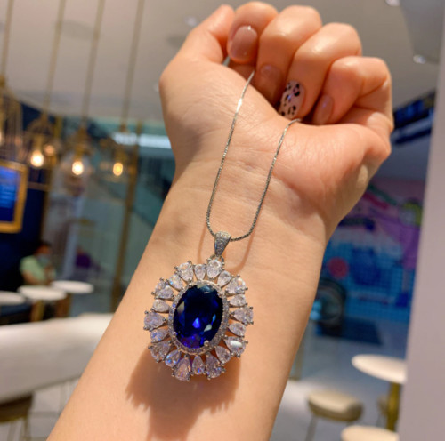 2.00Ct Lab Created Diamond Oval Blue Sapphire Halo Pendant 14K White Gold Finish