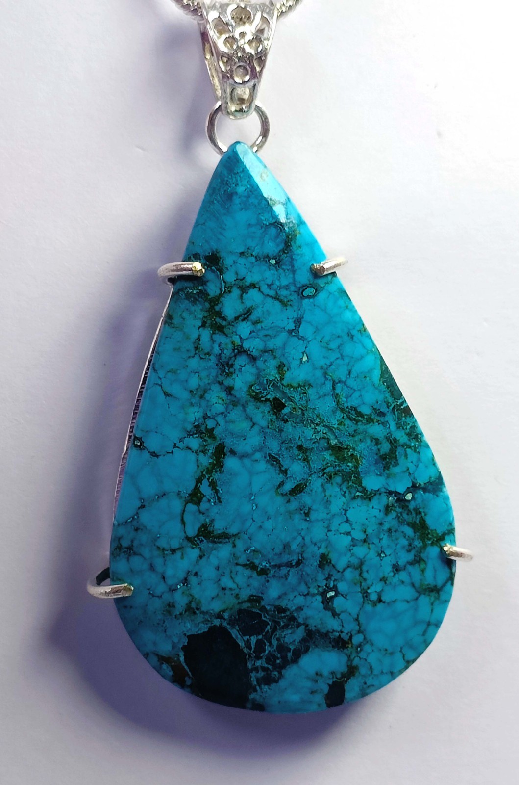 121 Ct Natural Blue Turquoise Pear Shape 925 Silver Pendant Free Chain 6AGJ