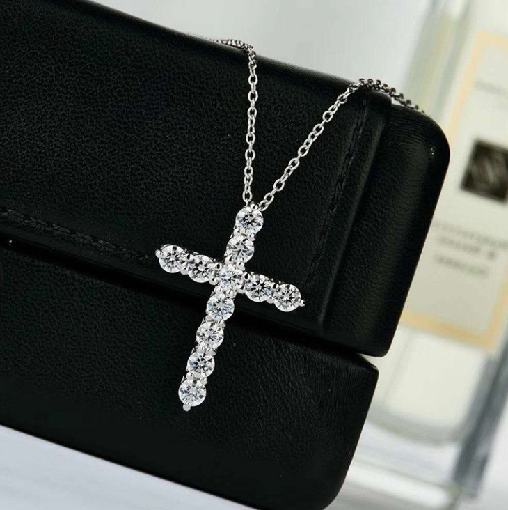925 Silver Cross Choker Necklace with Natural Diamonds