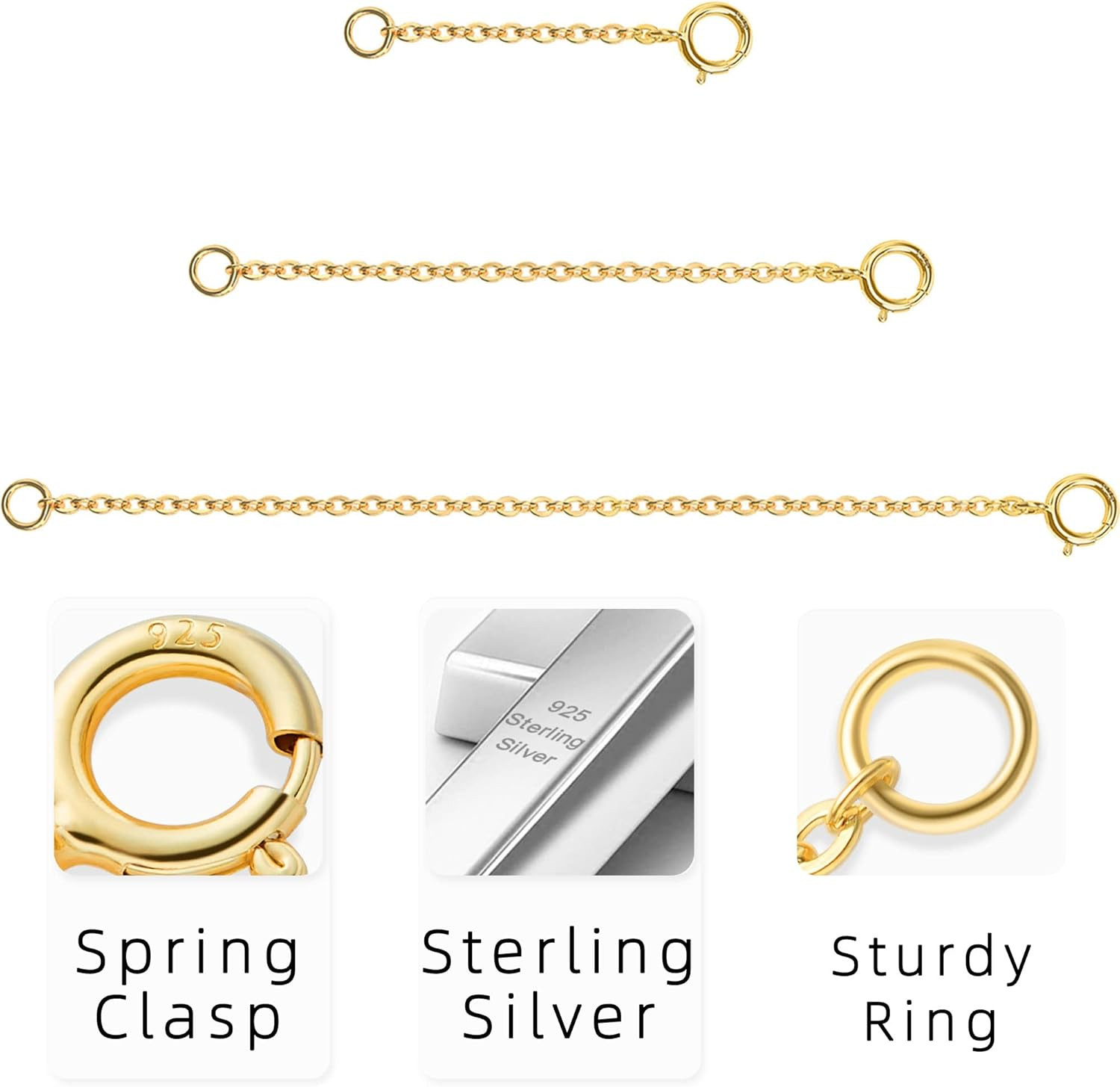 3 Pack Gold Necklace Extenders 14K Sterling Silver 1, 2, 3 Inch
