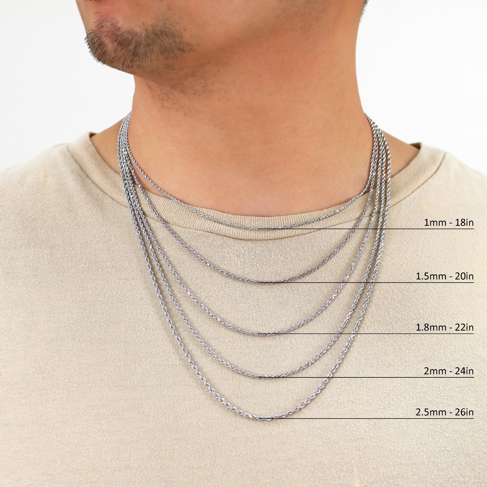 10K White Gold 1.5mm-6mm Diamond Cut Solid Rope Chain Pendant Necklace 16″- 30″