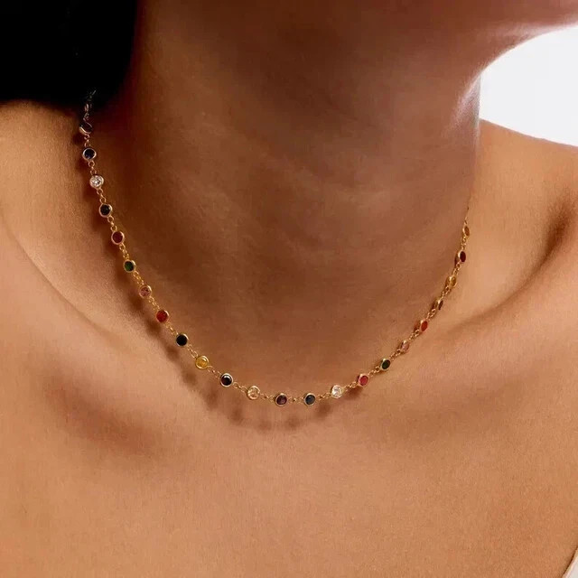 Necklace 7Ct Round Cut Lab-Created Multicolor 14K Yellow Gold Plated Silver 16′