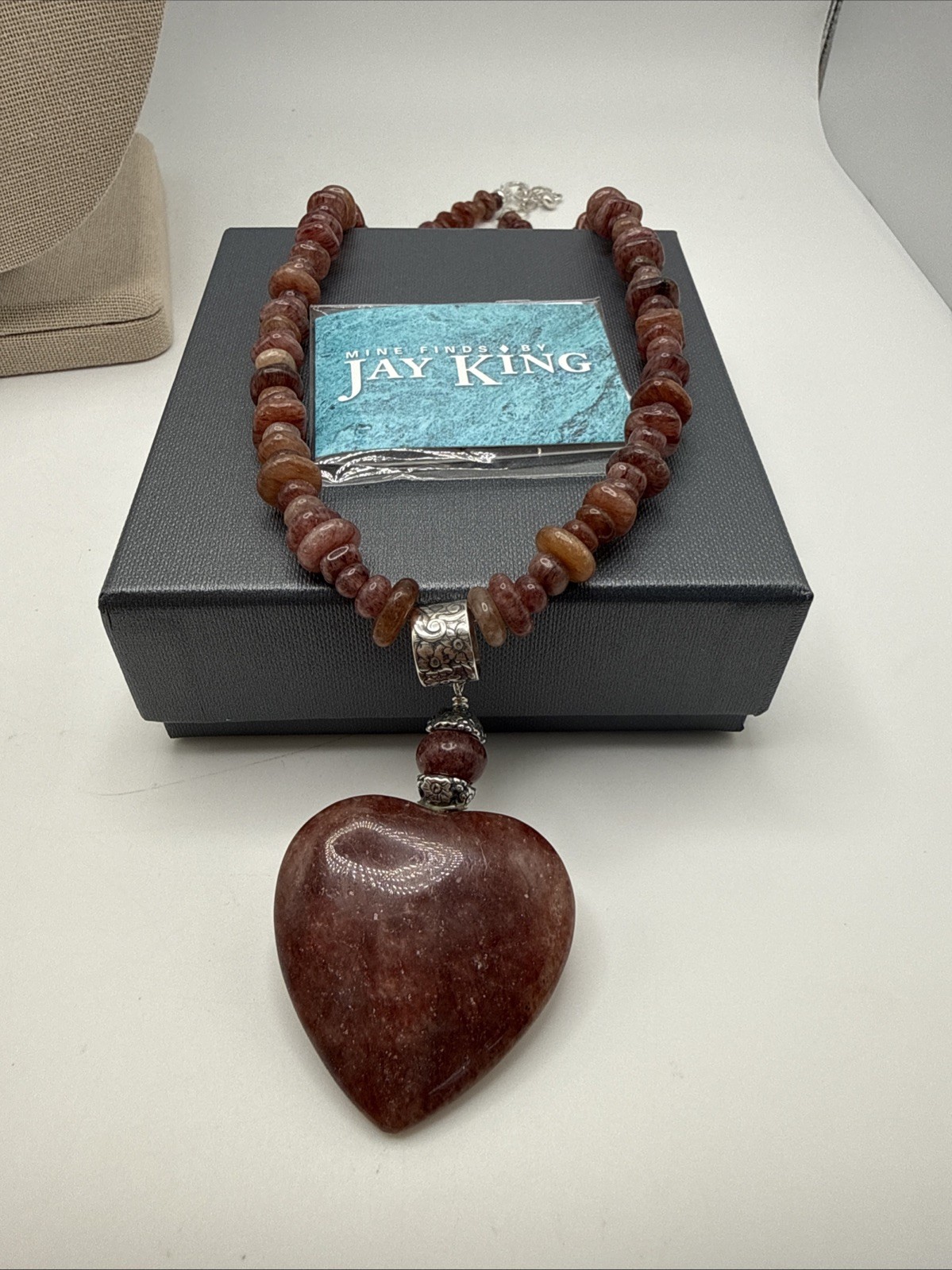 Jay King Natural Nigerian Strawberry Quartz 925 Heart Pendant Necklace
