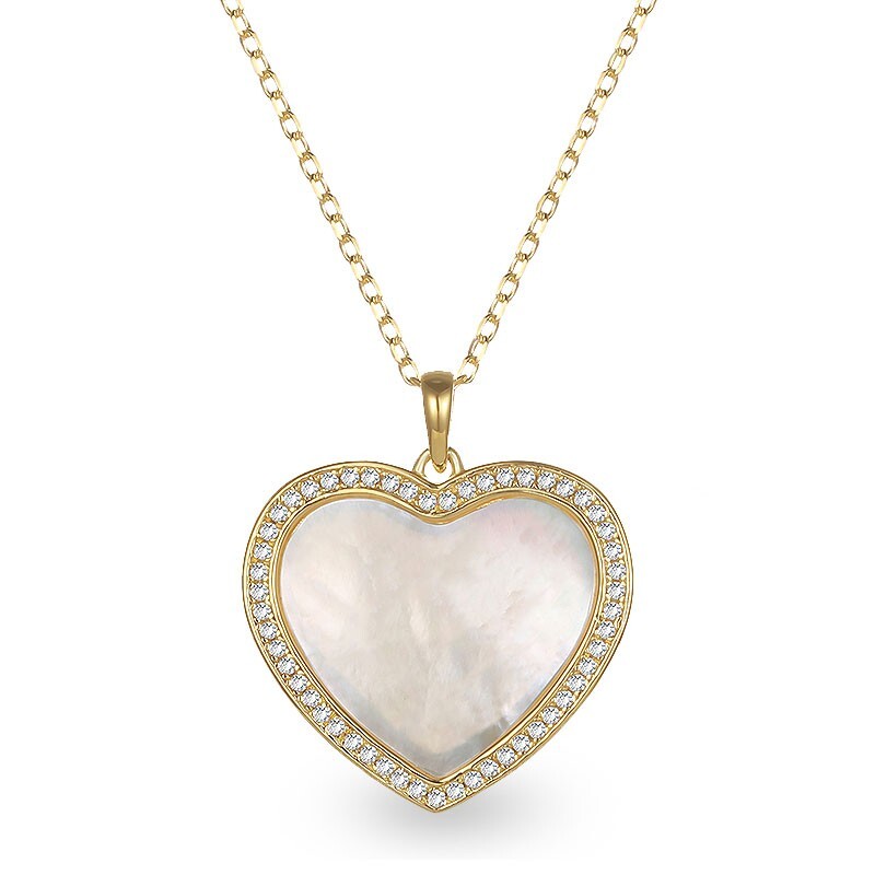 .26ct Moissanite 14k Yellow Gold Mother Of Pearl Heart Pendant 18” Chain Gift
