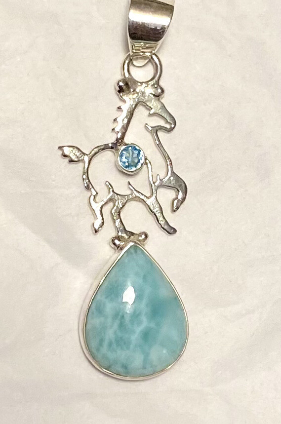 Lovely Larimar & Blue Topaz Horse Pendant 2” 925 Sterling Silver🌹