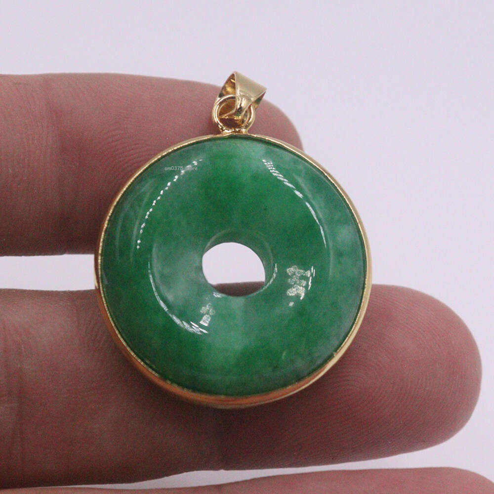 18K Yellow Gold Cover Alloy Handmade Green Jade Round Lucky Pendant 35*26MM