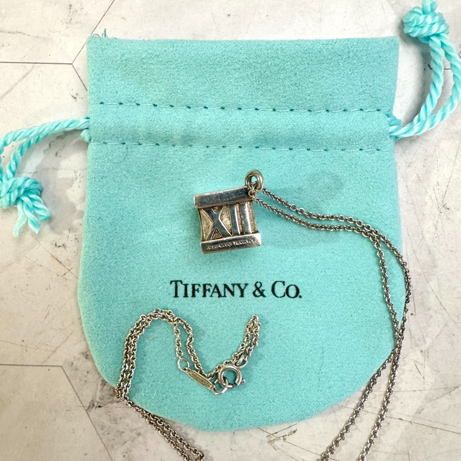 Tiffany & Co Atlas Cube Necklace Italy Sterling Silver Pendant Pouch 20g Rare