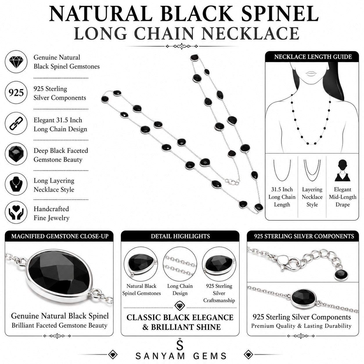 96.87 ct Black Spinel Station Necklace 925 Sterling Silver Long Chain 31.5″