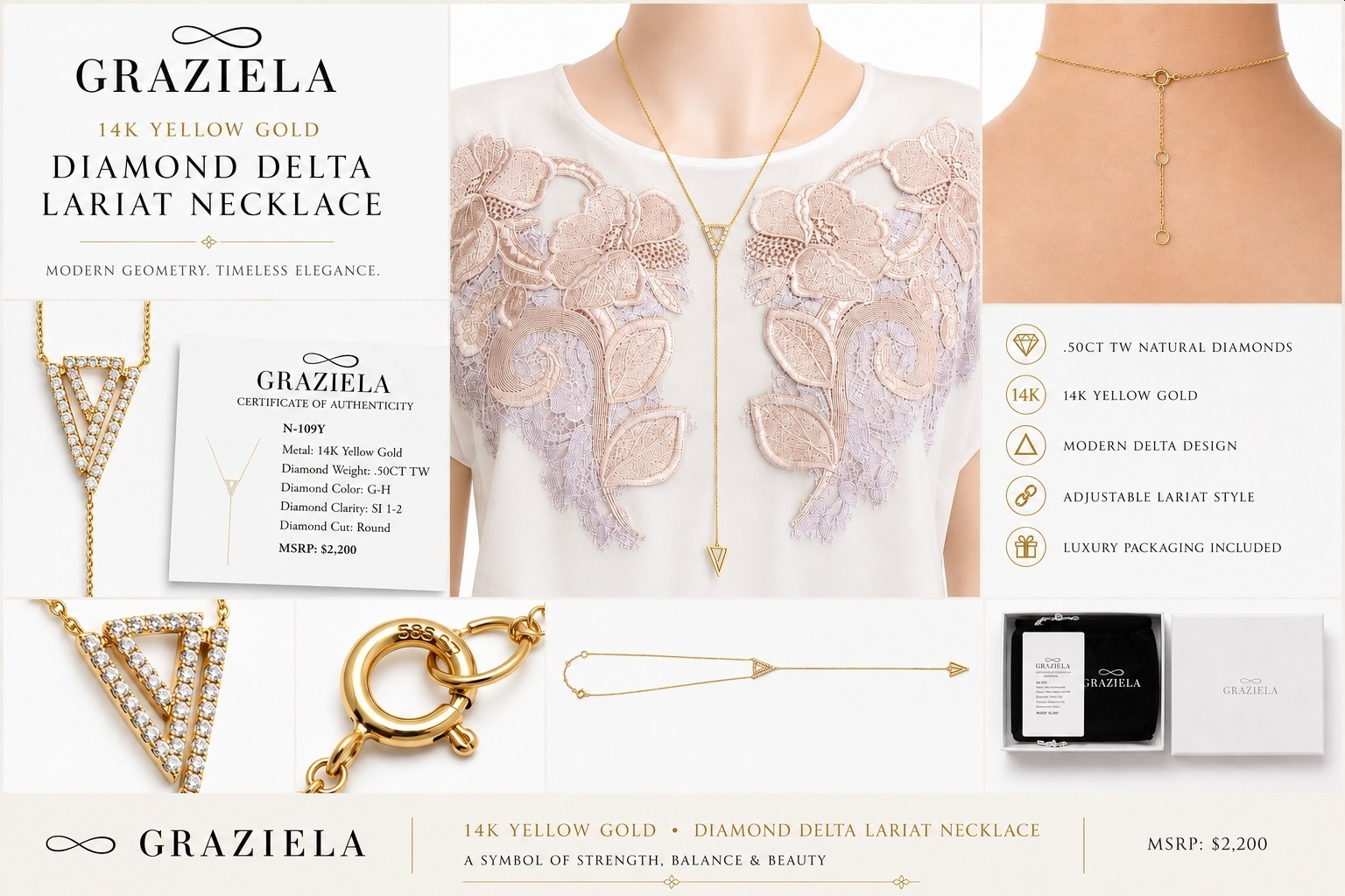 Graziela 14K Yellow Gold 0.50 ct Diamond Necklace NWPackaging & Auth Card $2,200