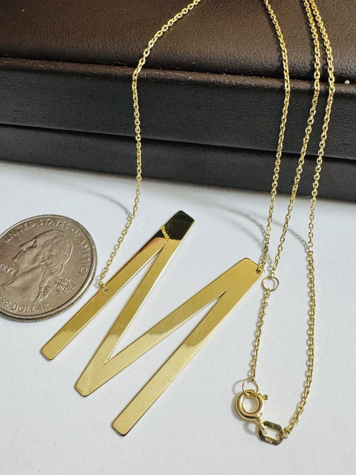 18K 750 Dubai Fine Gold Letter M initial Necklace 16.5/17.5” Long 1mm 5.2g