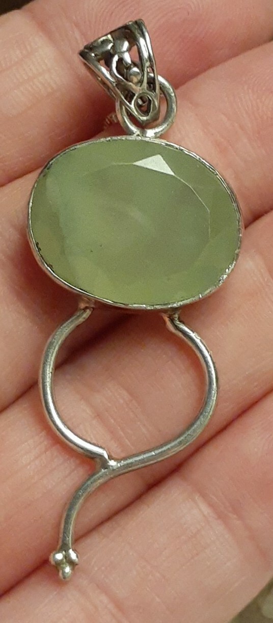 Fine Sterling Silver Prehnite Gemstone 2.25″ Pendant 18″ Box Chain Necklace