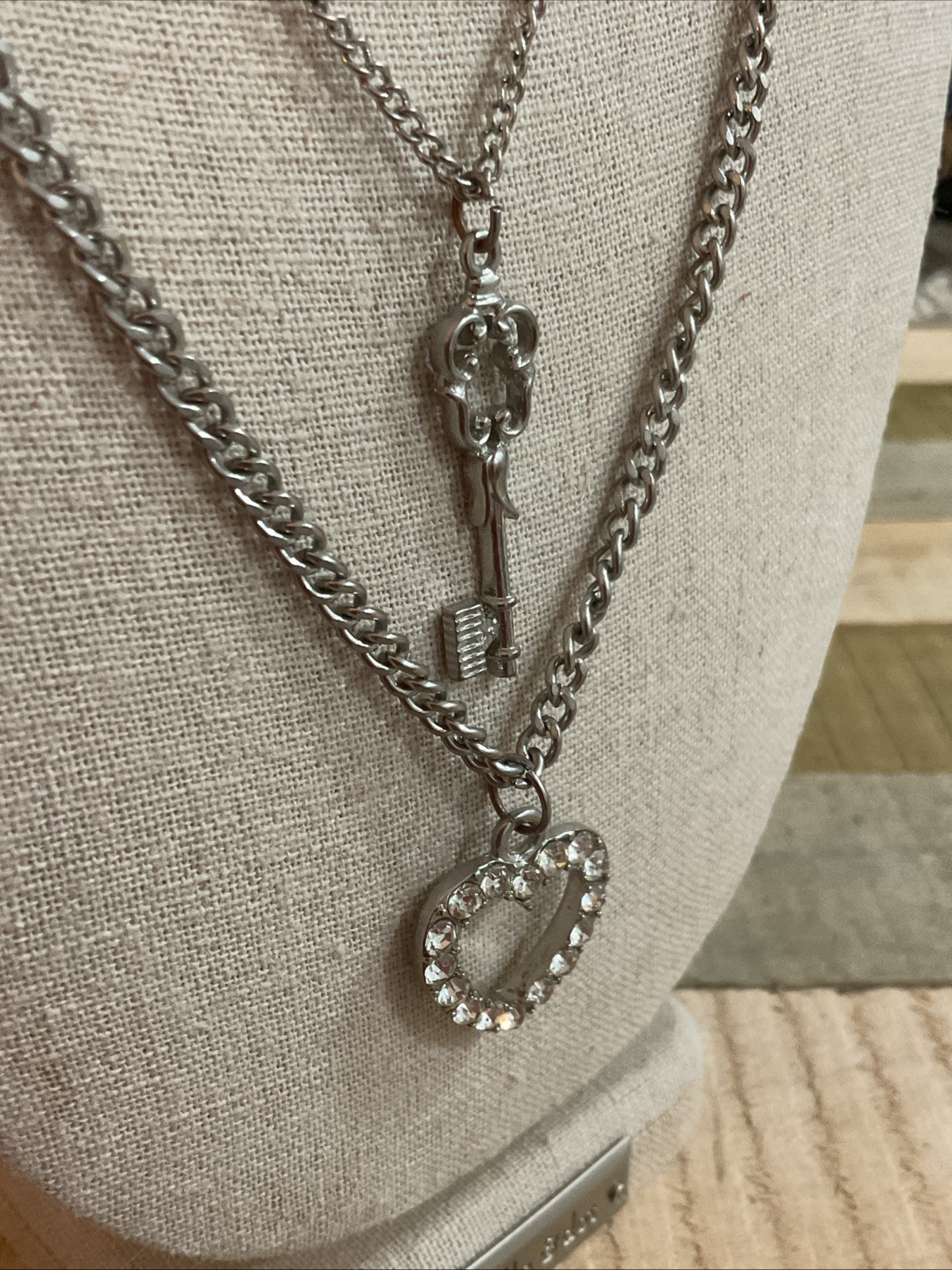 Silver Tone Key and Heart Layered Necklace 16” Long With Ext